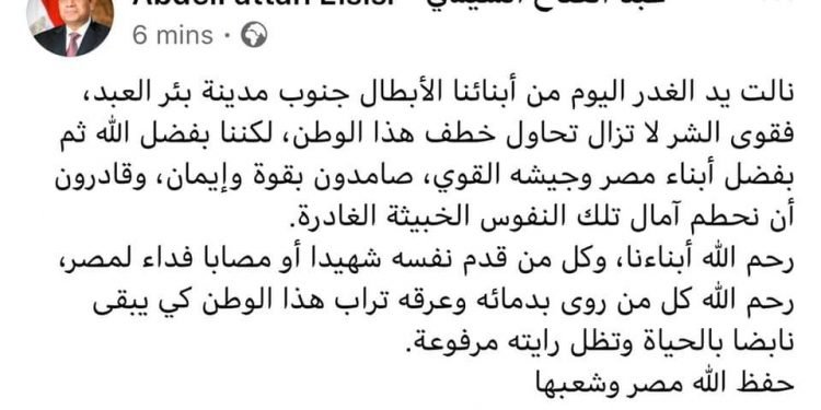 السيسى : يد الغدر نالت من أبنائنا الأبطال لكن بفضل الله صامدون