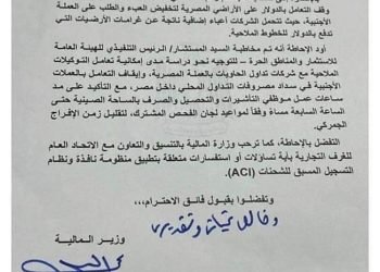 المالية توقف التعامل بالدولار و تلزم التوكيلات الملاحية بتحصيل الرسوم بالجنيه