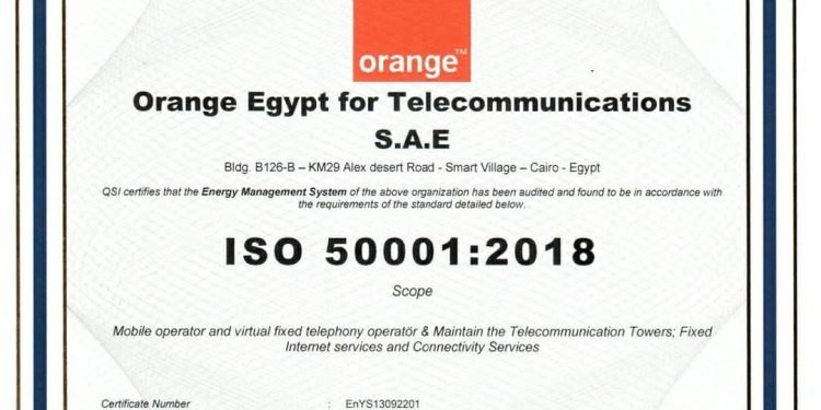 اورنچ مصر تحصل على شهادة “الأيزو” ISO 50001 العالمية في كفاءة نظم إدارة الطاقة