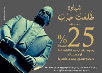 بنك مصر يصدر من جديد شهادة ادخار “طلعت حرب” بأعلى عائد يصل إلى ‎%25 سنويًا
