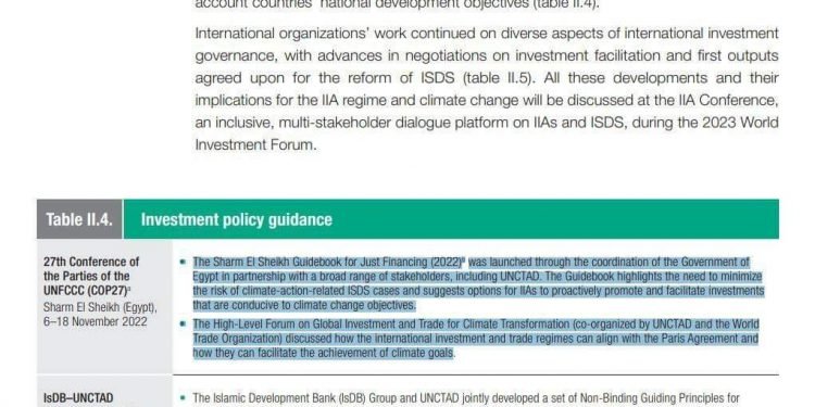 تقرير «أونكتاد» للاستثمار العالمي يبرز «دليل شرم الشيخ للتمويل العادل» Sharm El Sheikh Guidebook for Just Financing ضمن المبادرات العالمية لتعزيز سياسات الاستثمار في عام 2022