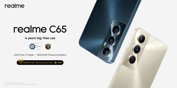 Realme C65 becomes the first in segment that has TUV SUD 48-months lag free certification and 45W super charge*