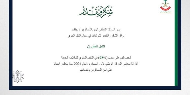 ” النيل للطيران ” تحصل على 98% فى التقييم السنوى للمركز الوطنى السعودى لأمن المسافرين لعام 2024 